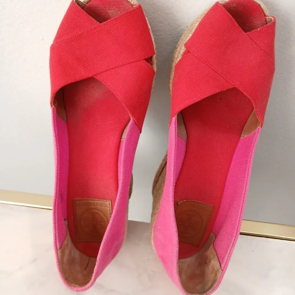 Tory Burch Pink Espadrille Wedge Sandals Size 8.5.